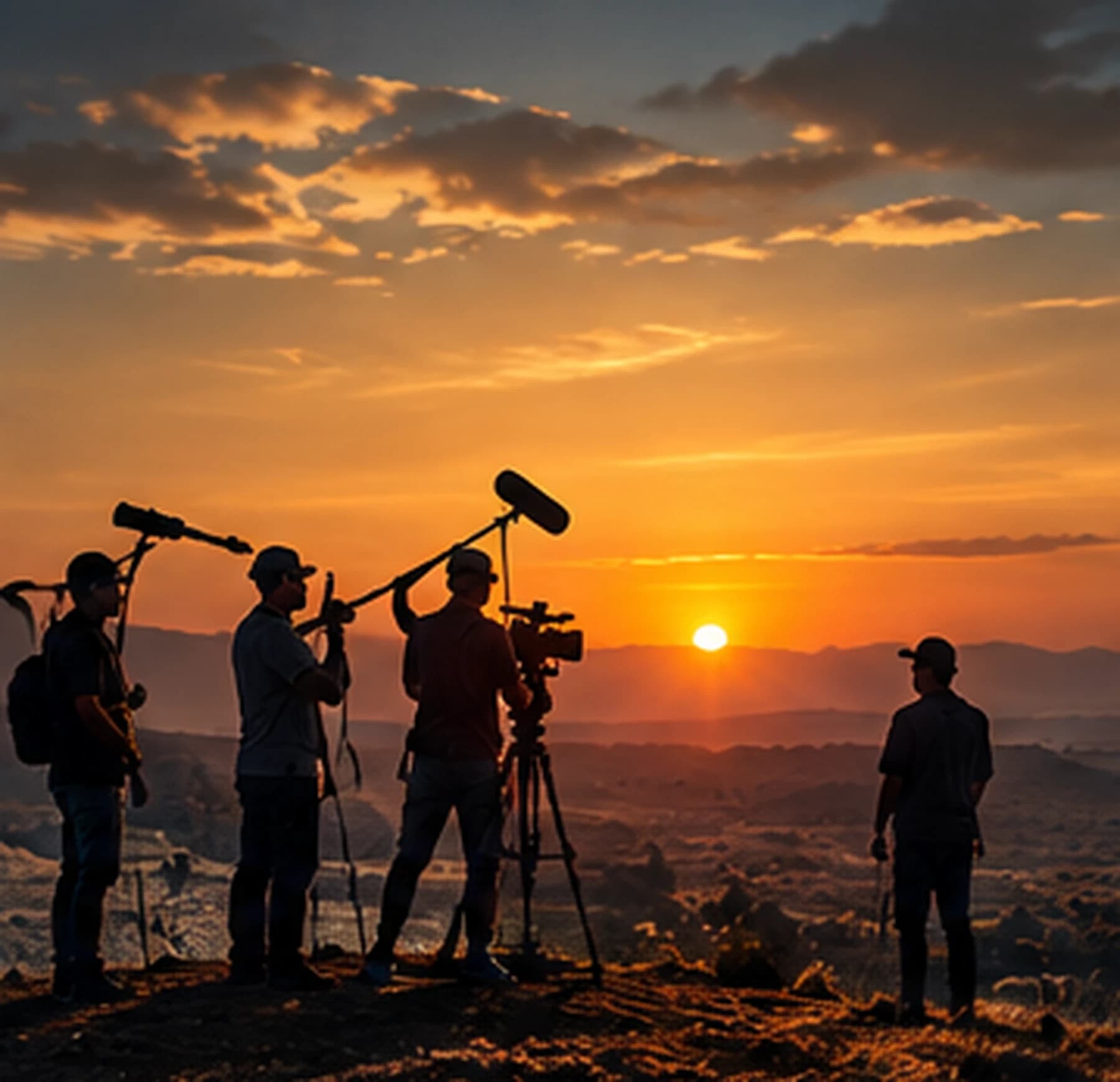 Une équipe de tournage en silhouette installe caméra et perche face à un coucher de soleil.