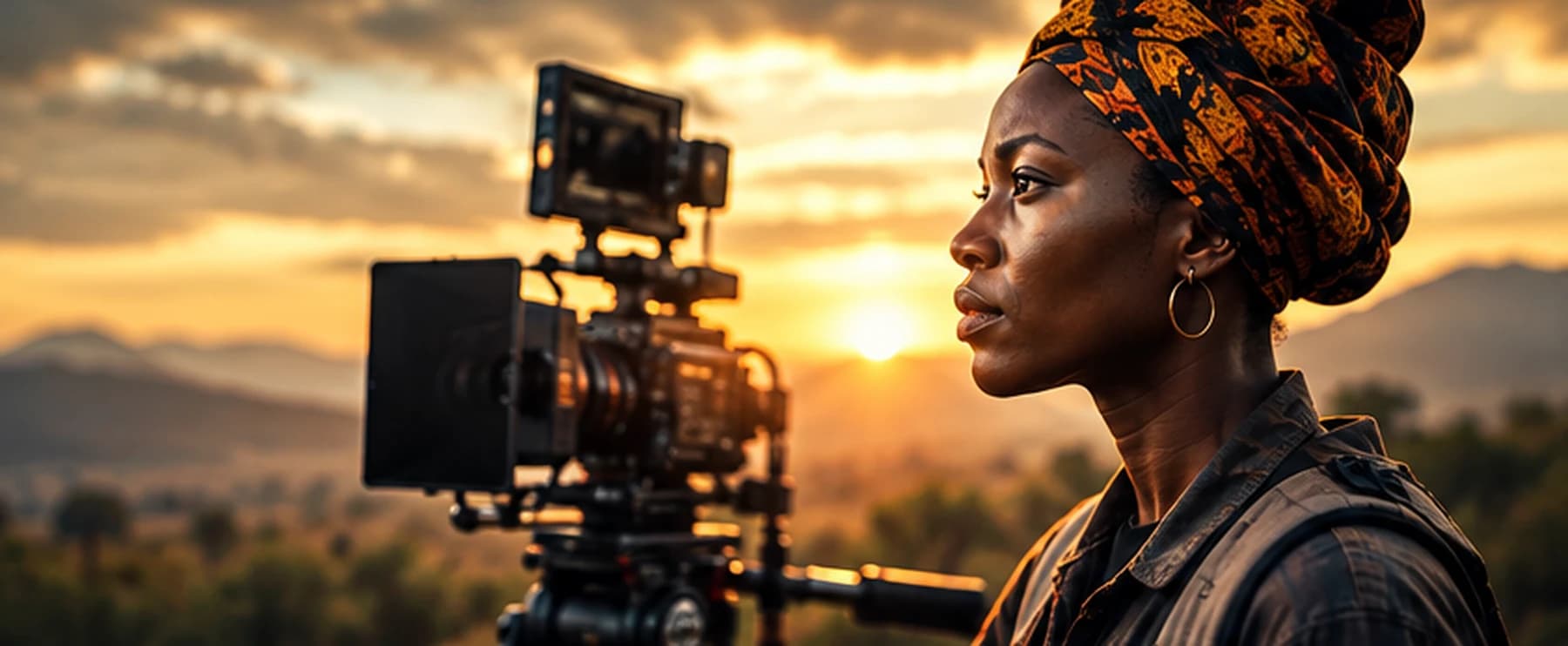 Une professionnelle du cinéma observe le cadre à côté d'une caméra de tournage, dans la lumière chaude de fin de journée.