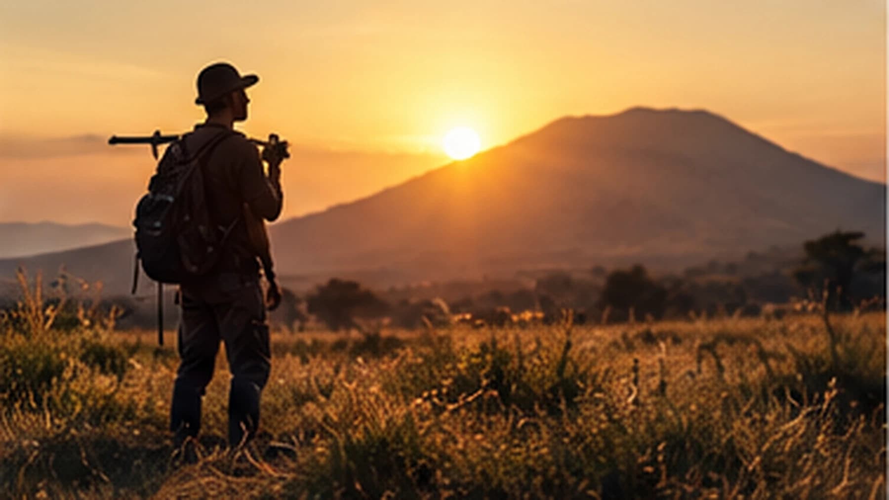 Un technicien porte un trépied sur l'épaule face à un paysage ouvert au coucher du soleil.